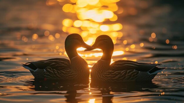 Foto twee eenden zetten hun hoofden samen om een hartvormige zonsondergang te maken