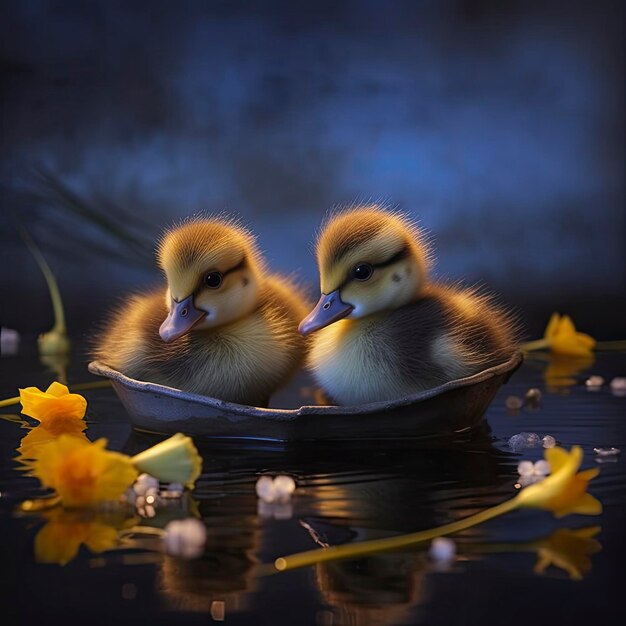 Twee eenden zitten in een bootje met bloemen op het water.