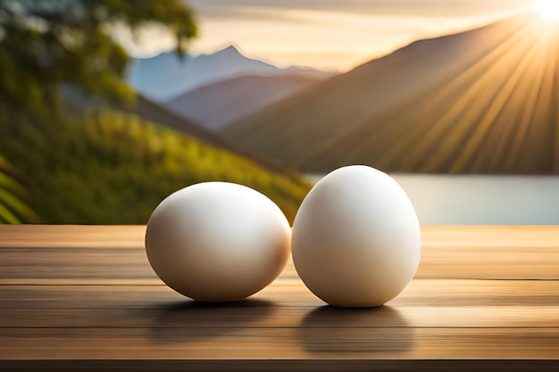 Twee eieren op een houten tafel met bergen op de achtergrond