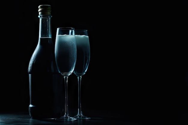 twee elegante glazen met waterfles in het donker