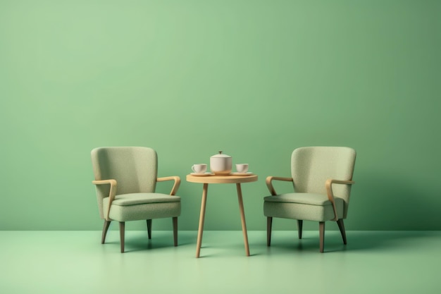 Twee Fauteuil met enkele tafel geïsoleerd op pastel achtergrond