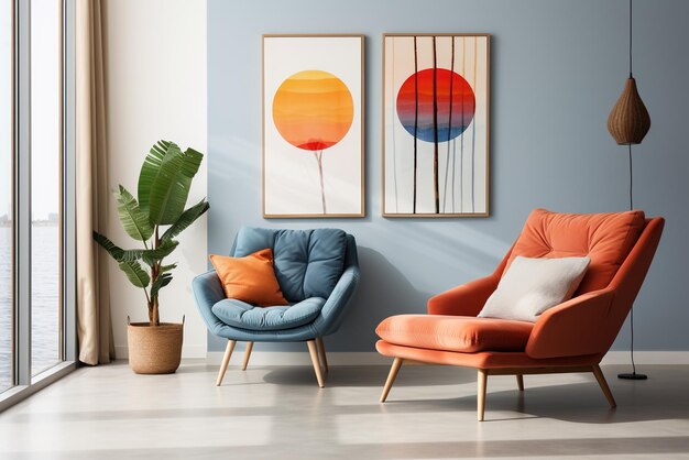 Twee fauteuils voor de blauwe muur met twee schilderijen.