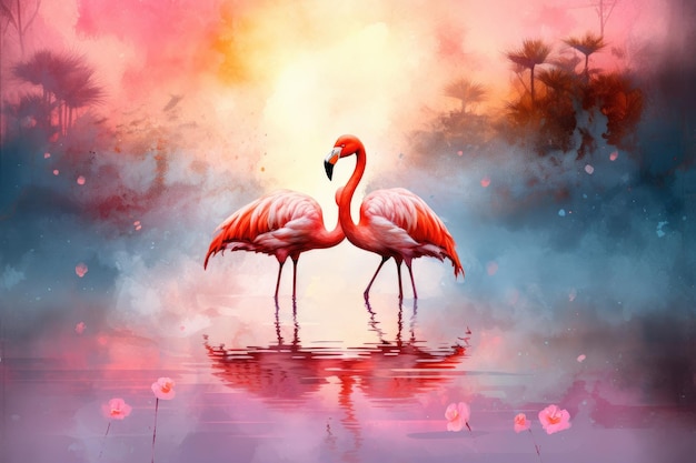 Twee flamingo's in het water Digitale schilderij 3D rendering Flamingo's waterverf schilderij AI gegenereerd