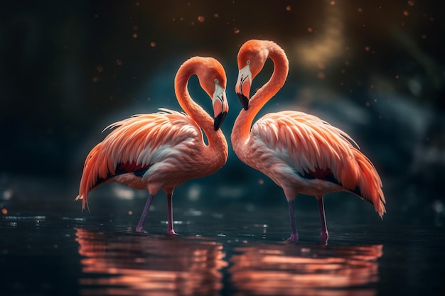 Twee flamingo's in het water met op de bodem het woord flamingo