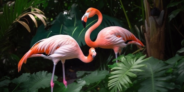 Twee flamingo's staan in de jungle.