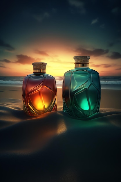 Twee flesjes parfum op het strand met een zonsondergang op de achtergrond