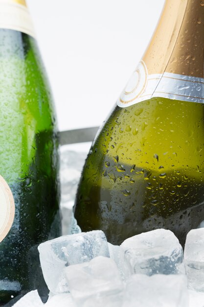Twee flessen champagne die op ijs koelen