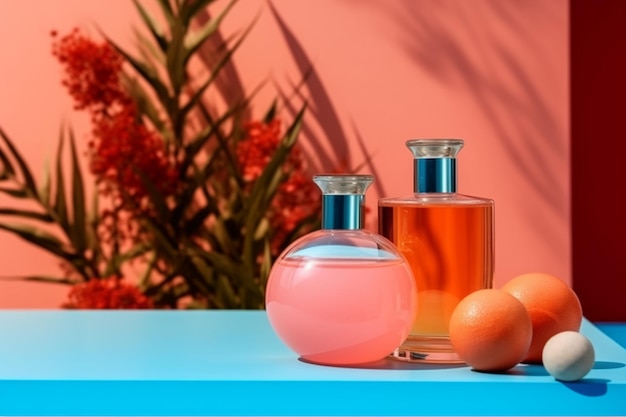 Twee flessen oranje parfum op een blauwe tafel met een rode achtergrond.