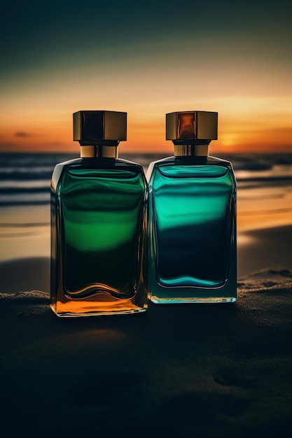 Twee flessen parfum zitten op een strand bij zonsondergang