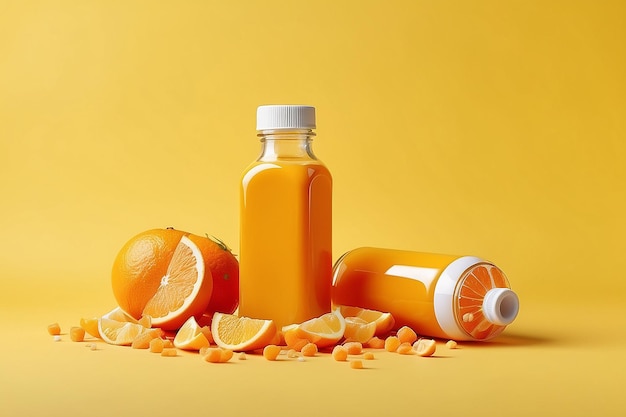 Foto twee flessen vitamine c op een gele achtergrond voedseladditieven verspreid over het oppervlak mock-up