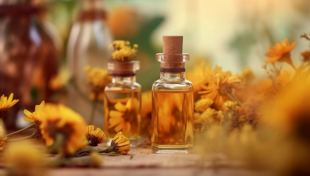 Twee flessen zonnebloemolie staan op een tafel met gele bloemen op de achtergrond