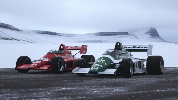 Twee Formule 1-auto's rijden in IJsland.