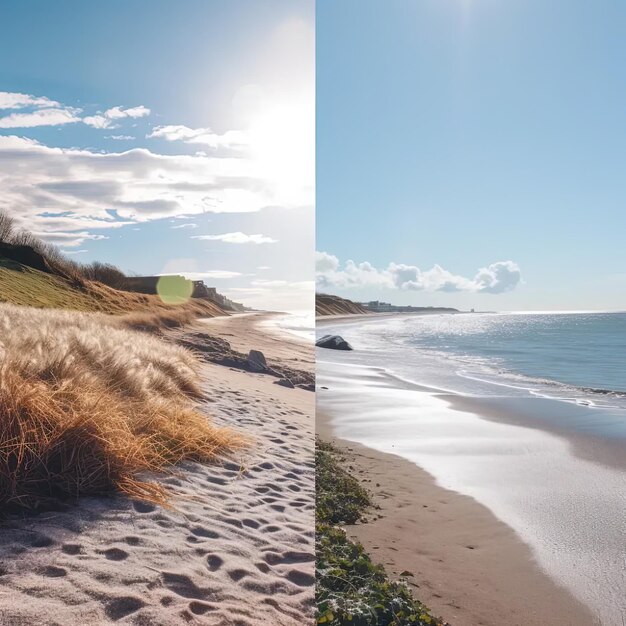 Foto twee foto's van een strand met gras en water.