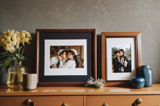 Twee fotolijsten op een houten dressoir