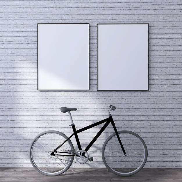 Twee fotolijstjesmodel met fiets witte bakstenen muurtextuur houten vloer