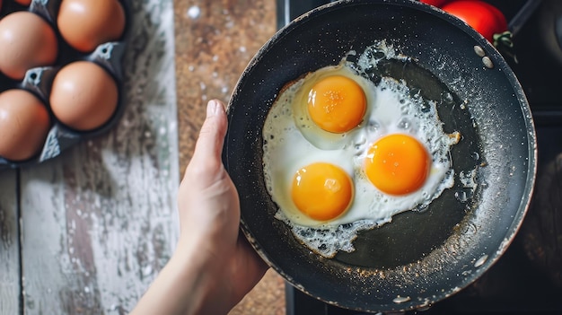 Twee gebakken eieren in een pan met olijfolie Girl39s hand met een pan met roerei