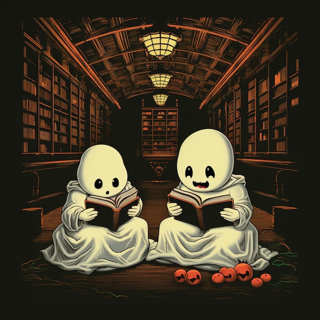 twee geesten die boeken lezen in een bibliotheek met pompoenen generatieve ai