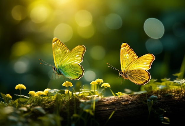 twee gele vlinders met zonlicht in het gras in de stijl van licht smaragdgroen highkey verlichtingslandschap