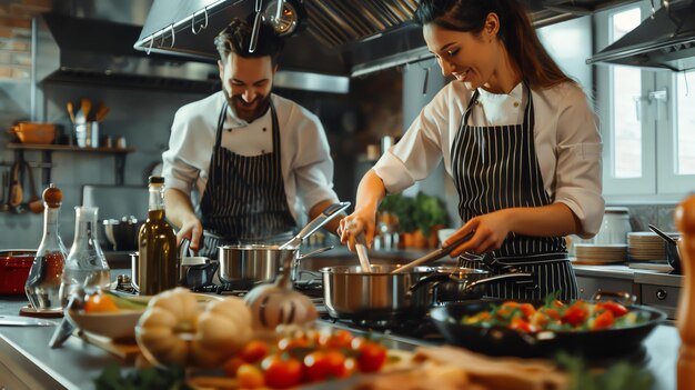 Twee gelukkige chefs koken in een commerciële keuken ze dragen allebei schorten en de vrouw roert een pot terwijl de man specerijen toevoegt