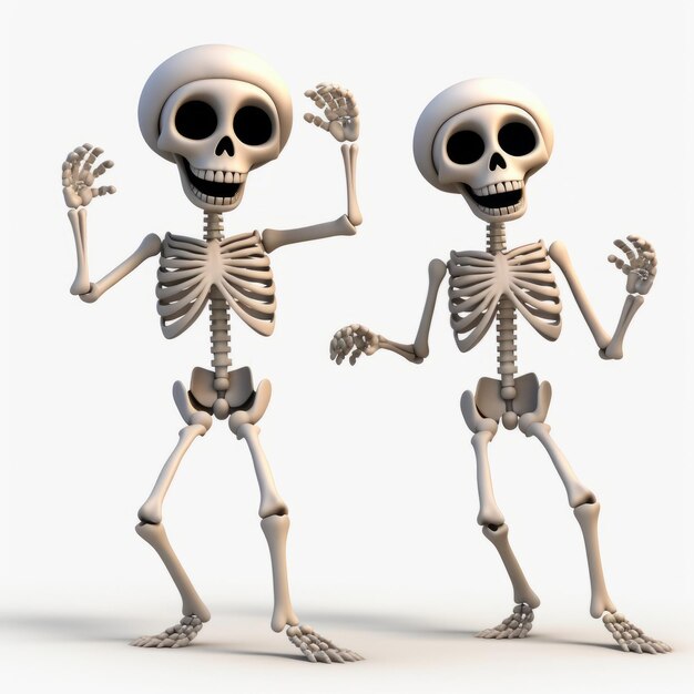 Twee gelukkige dansende witte skeletten in witte hoeden op een witte achtergrond Ai generatief