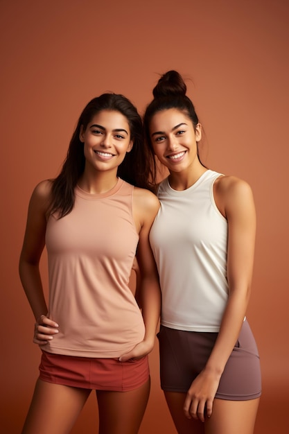 Foto twee gelukkige en diverse jonge multi-etnische vrouwen in gebonden blouses op beige achtergrond