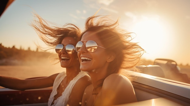Twee gelukkige jonge meisjes met zonnebril die reizen in een cabriolet bij zonsondergang Beige tonen Cover postkaart