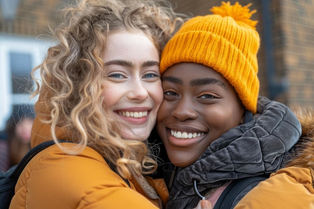 Twee gelukkige jonge vrouwen in warme winterkleding die elkaar omhelzen en glimlachen op een koude dag