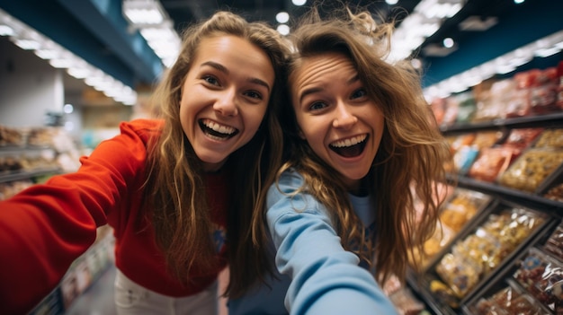 Twee gelukkige jonge vrouwen nemen een selfie in een supermarkt.