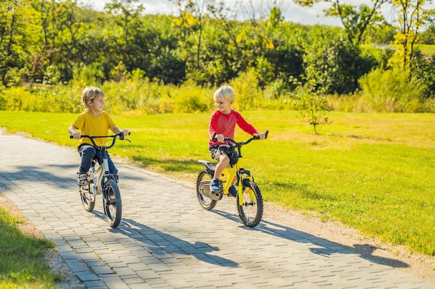 Twee gelukkige jongens fietsen in het park.