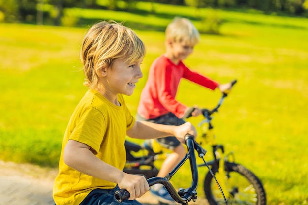 Twee gelukkige jongens fietsen in het park.