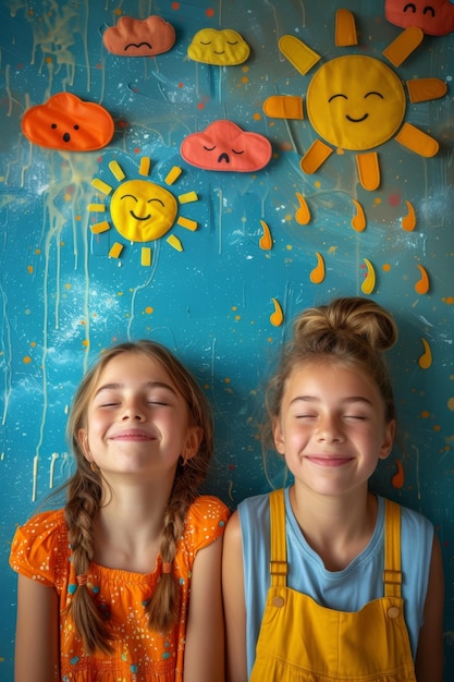 Twee gelukkige kinderen in heldere kleren op een gekleurde muur met emoticons