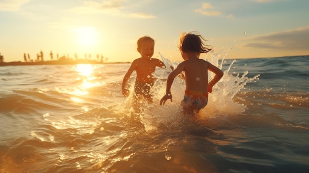 twee gelukkige kinderen kleine jongens bij zonsondergang zee rennen en spelen op het strand en in het zeewater