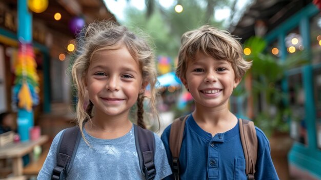 Twee gelukkige kinderen met rugzakken die naar de camera glimlachen.