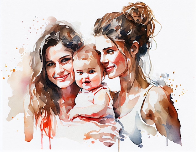 Twee gelukkige moeders knuffelen hun baby kind LGBT familieportret zachte kleur aquarel verf splash illustratie Generatieve Ai