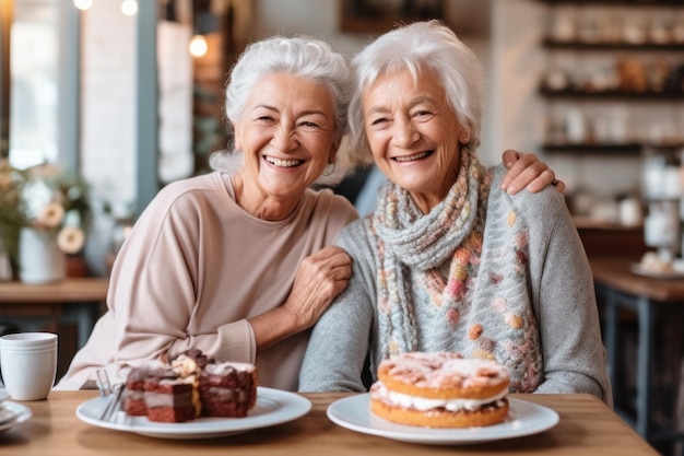 Twee gelukkige oudere dames met zomertaart in een schattig café Sterke vriendschap voor vele jaren