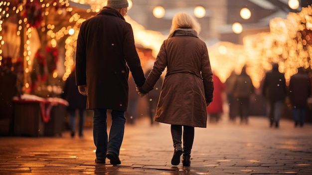 twee gelukkige ouderen Mannen lopen tegen de achtergrond van kerstverlichting, hand in hand op straat en jassen dragen