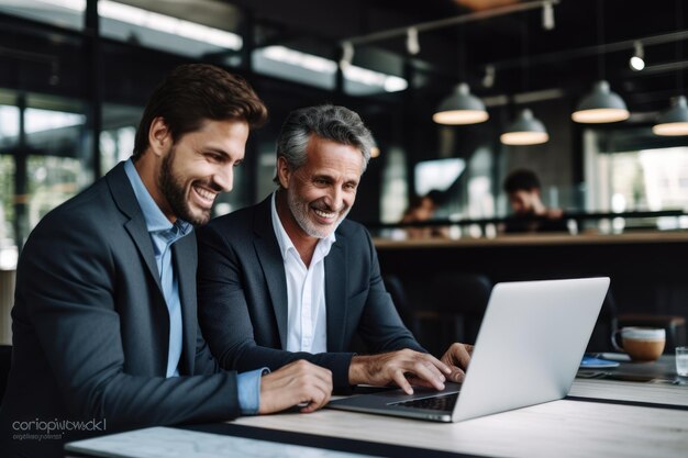 Twee gelukkige professionele collega's bespreken een online plan op het werk. Een manager van middelbare leeftijd legt het uit.