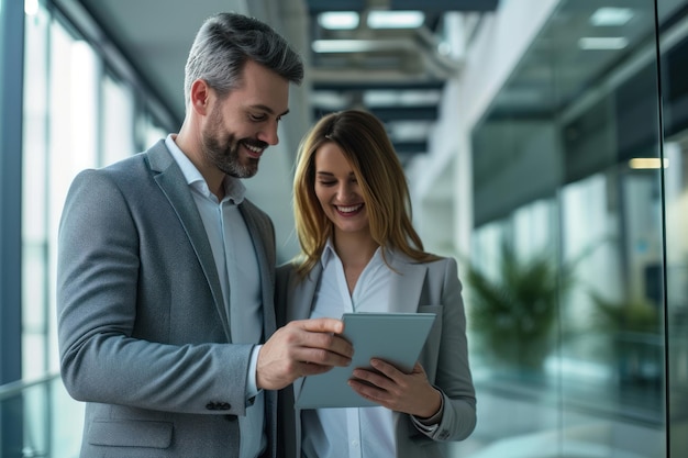 Twee gelukkige professionele zakenmensen, vrouw en man, werken met behulp van een digitale tablet.