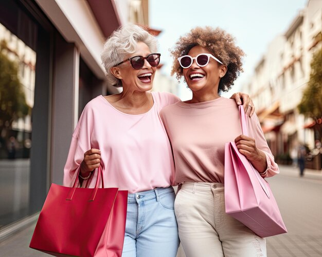 Foto twee gelukkige stijlvolle volwassen vrouwen met zonnebril en papieren boodschappenzakken.