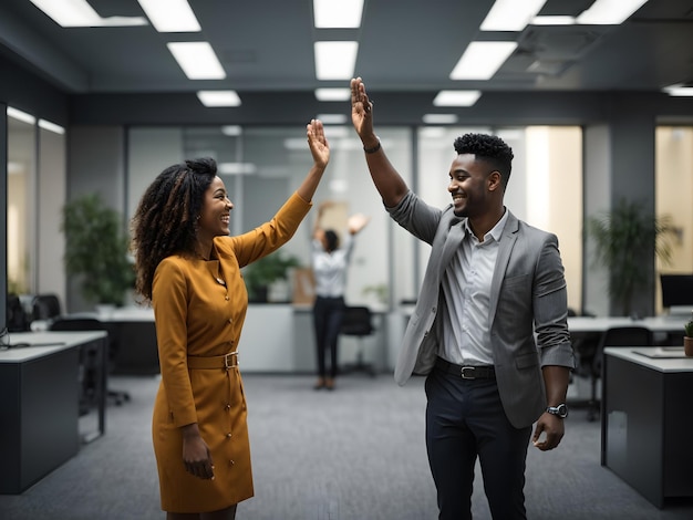 Twee gelukkige, vriendelijke, diverse collega's die elkaar een high-five geven in een kantoor.