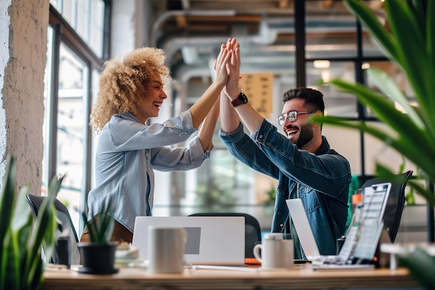 Foto twee gelukkige vrienden die high five geven terwijl ze op kantoor staan en succes vieren