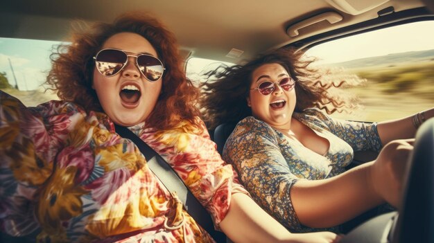 Foto twee gelukkige vrouwen met een maatje meer die in een auto rijden twee vrienden met overgewicht gingen op reis met de auto ai