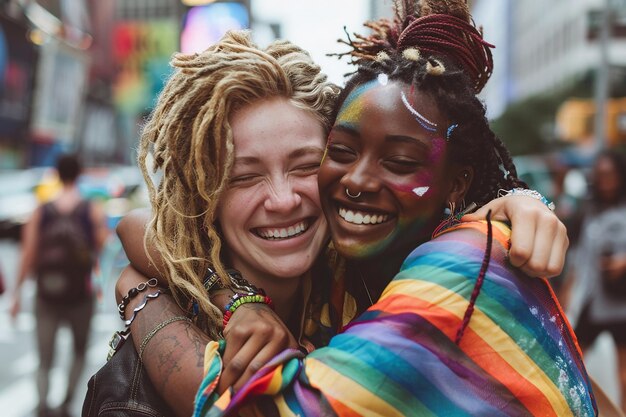 Foto twee gelukkige vrouwen met regenbooghaar die elkaar omhelzen in het midden van de straat.