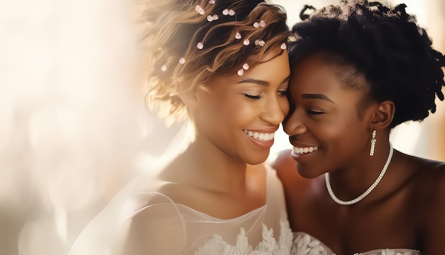 Twee gelukkige zwarte afrikaanse vrouwen in trouwjurk Valentijnsdag concept