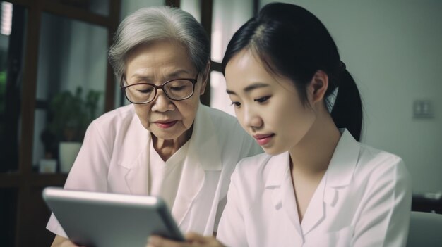 twee generaties Aziatische vrouwen die digitale tablet gebruiken gemaakt met ai