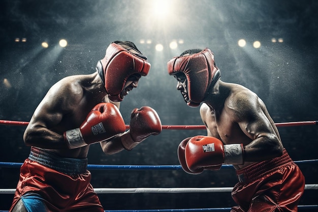 Twee gespierde boksers hebben een wedstrijd op de ring. Ze dragen helmen en handschoenen.