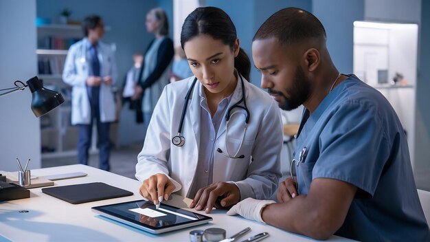 Foto twee gezondheidszorgmedewerkers analyseren medische dossiers op een touchpad terwijl ze in een kliniek werken