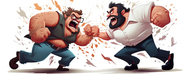 Foto twee gigantische en angstaanjagende cartoon mannen die tegen elkaar vechten op een witte achtergrond
