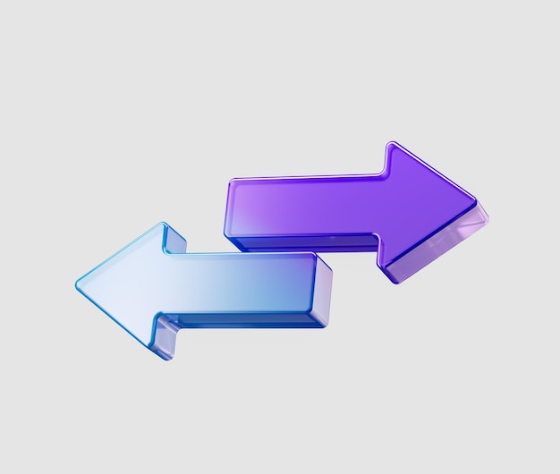 Twee glanzende 3D-pijlen in paars en blauw die naar links en rechts wijzen 3D-illustratie