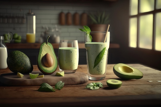 Twee glazen avocado shake of smoothie AI gegenereerd